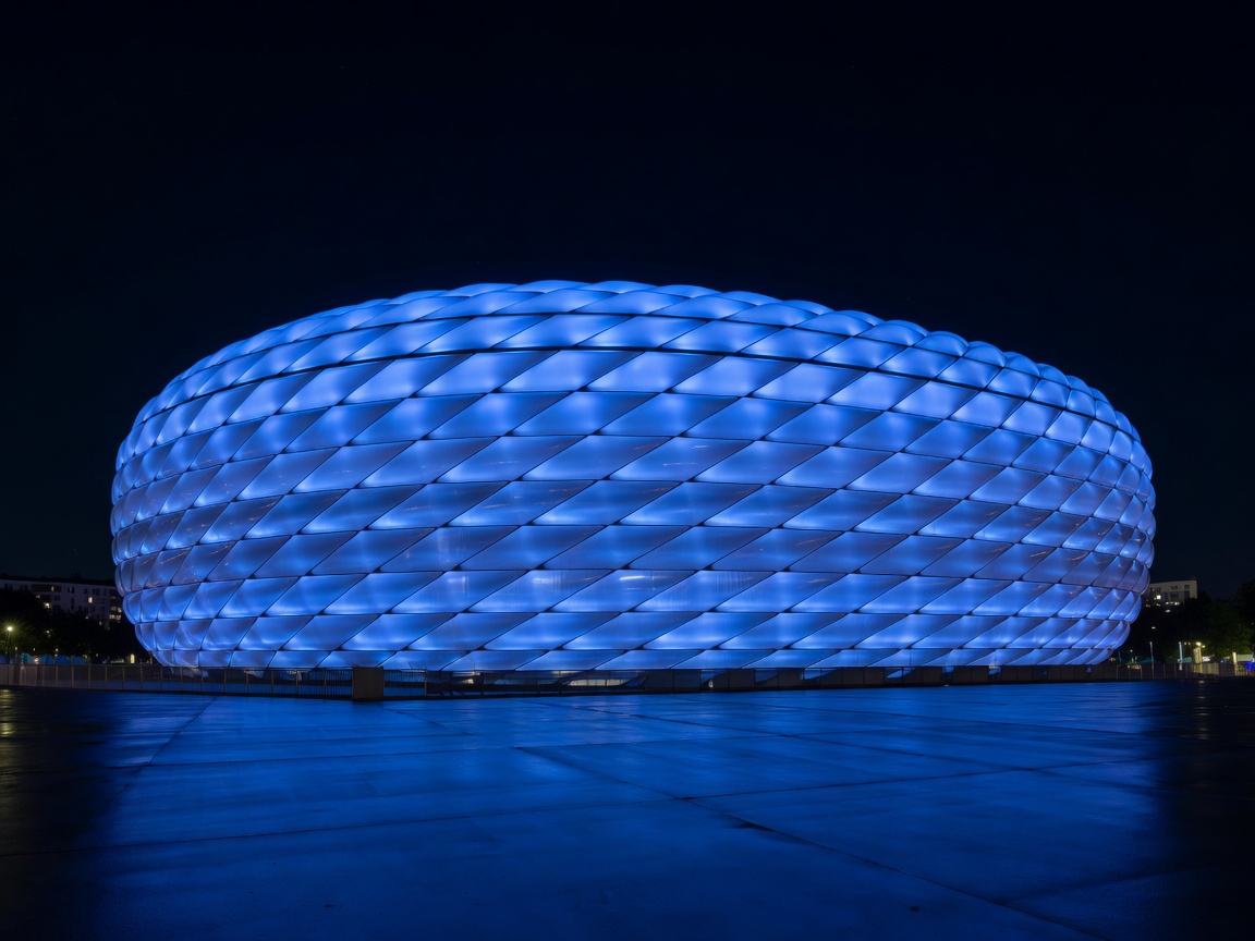 Allianz Arena exterior structure illuminated in Munich