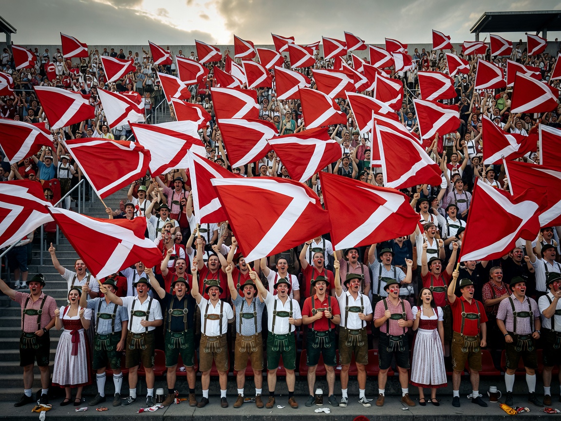 Bavarian football supporters waving red and white flags in the stand